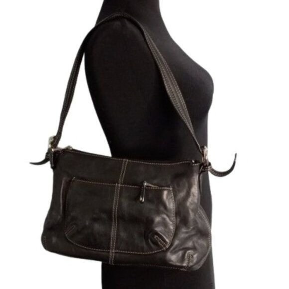 Tignanello Shoulder Hobo Bag Black Leather Chain Print Lining Adjustable Strap - Picture 1 of 13